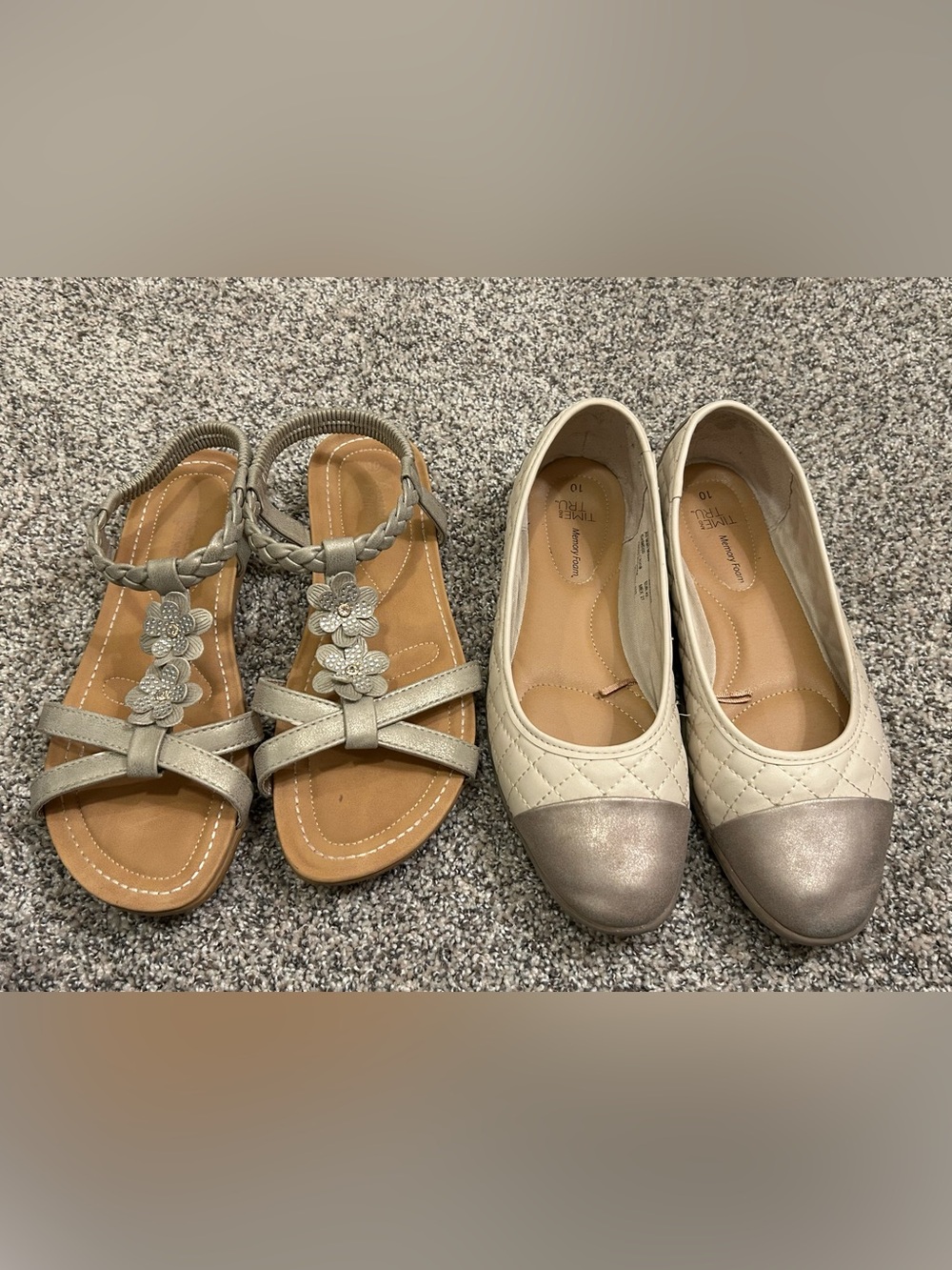Set of 2 Women’s champagne Metallic Taupe Sandals & Quilted Flats - Size 10